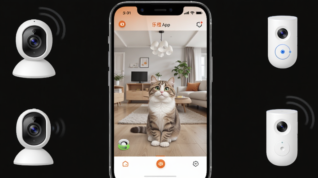 һ��չʾ�ֳ�App���Ĺ��ܵ�����ͼ������������һ�������ֻ����ֻ���Ļ����ʾ���ֳ�App�ļ�ػ��棬�������п���������һֻ�ɰ���è�䣬�ֻ���Χ��������������ͷ��������豸ͼ�꣬���岼������������ִ��Ƽ��У�ϸ�ھ��£����ʸɾ��޶���Ԫ��