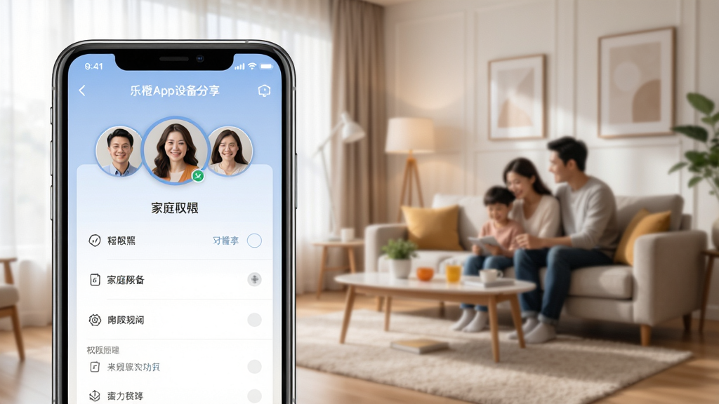 �ֳ�App�豸��������ʾ��ͼ������չʾһ���ֻ���Ļ����ʾ�ż�ͥ��Աͷ���Ȩ�����ý��棬�����Ǽ�ͥ���������������ܰ�ִ����������������ʸɾ�