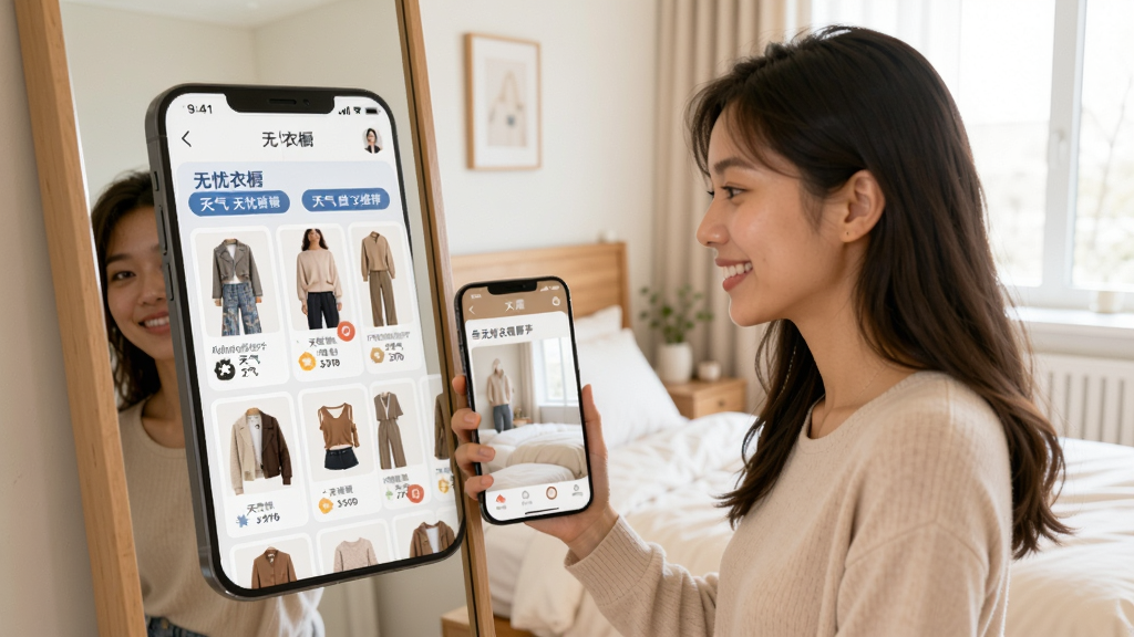 һ��չʾ�����³������Ƽ����ܵĳ���ͼ��������һλ����Ů��վ�ھ���ǰ΢Ц���ֻ���Ļ����ʾ�������³�App���Ƽ�����ҳ�棬ҳ���������ײ�ͬ���Ĵ��Ƭ��ÿ�ſ�Ƭ����ע��������ǩ�͵�Ʒ����ͼ��������������������ң������ܰ��Ȼ�����������������޶���Ԫ�ء�