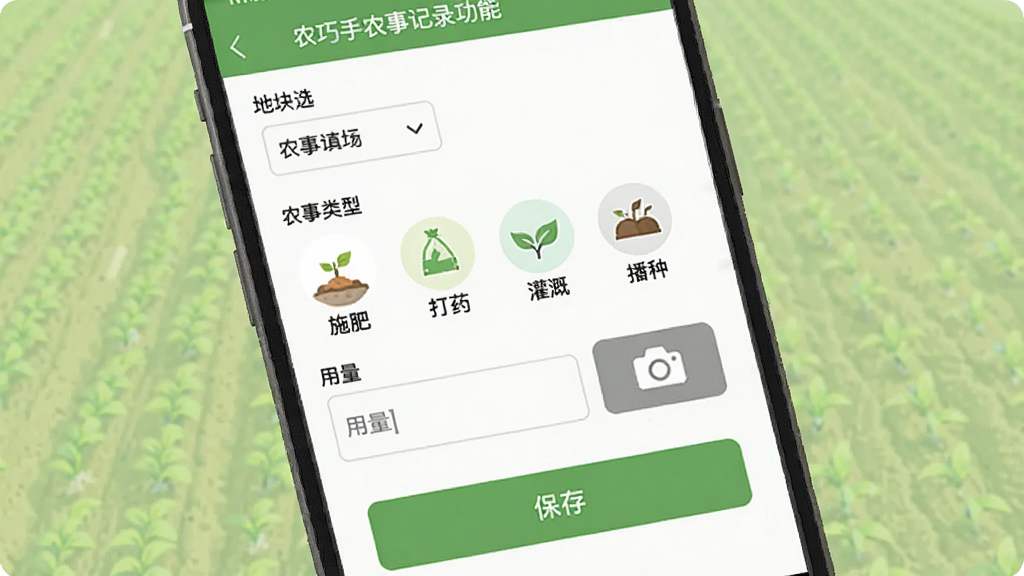 ũ����ũ�¼�¼���ܽ��棬�ֻ���Ļ��ʾũ�¼�¼��дҳ�棬�еؿ�ѡ��������ũ������ͼ�꣨ʩ�ʡ���ҩ����ȡ����֣����������������հ�ť�������·��б��水ť��������ǳ��ɫũ��������������ƽ���������������ʸɾ�