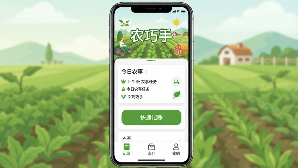 ũ����Ӧ��������չʾ������������һ�������ֻ�����Ļ��ʾũ����APP����ҳ��������ũ��廭�����͡�ũ���֡������֣��м��ǽ���ũ������Ƭ�Ϳ�ݼ��˰�ť���ײ��������м�¼����桢�ҵ�����ͼ�꣬���岼�����������������Ȼ����ɫ�Ͱ�ɫΪ��ɫ�������ʸɾ����޶���Ԫ��