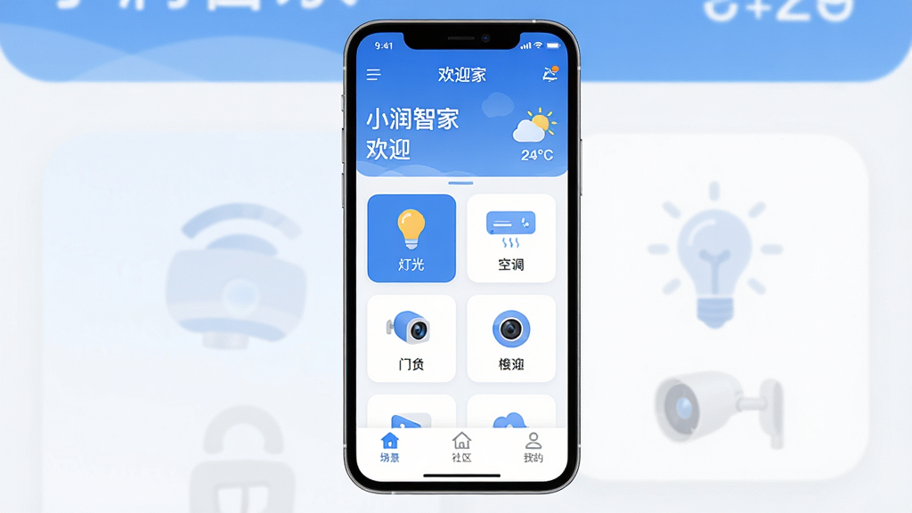 С���Ǽ�APP������ȫòչʾ������������һ���ֻ�����Ļ��ʾС���Ǽ�APP��ҳ�������л�ӭ���������Ϣ���м��������豸��Ƭ�б��������ƹ⡢�յ�������������ͷ��ͼ�꣬�ײ��ǳ������������ҵ�����������ǩ�����岼�ּ������������ִ���ƽ����������ɫΪ����ϸ��Բ�󣬻��ʸɾ����޶���Ԫ�أ�ͼƬ������ʹ�á�С���Ǽҡ�