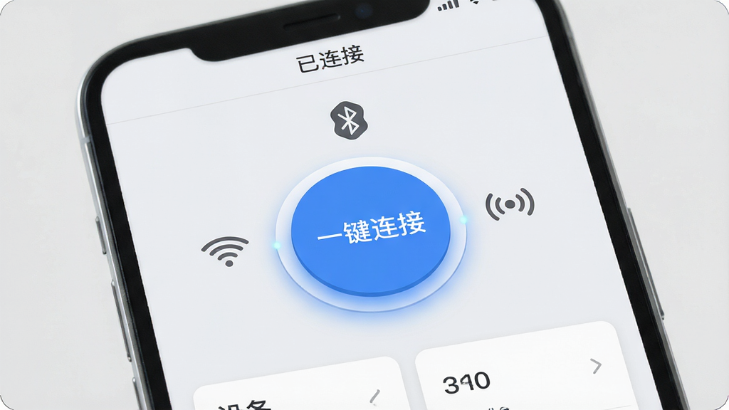 ������һ����Լ�����ֻ����棬����������һ�������ɫԲ�ΰ�ťд�š�һ�����ӡ�����ť��Χ������WiFi���������ȵ�����Сͼ�꣬���ֲ������½ṹ���Ϸ���״̬����ʾ�������ӡ����·����豸�б���Ƭ�����Ϊ��ƽ��UI��ƣ�ϸ���ϰ�ť����΢�İ�ѹ��Ч���Σ�������ǳ��ɫ�����������ɾ����޶���Ԫ��