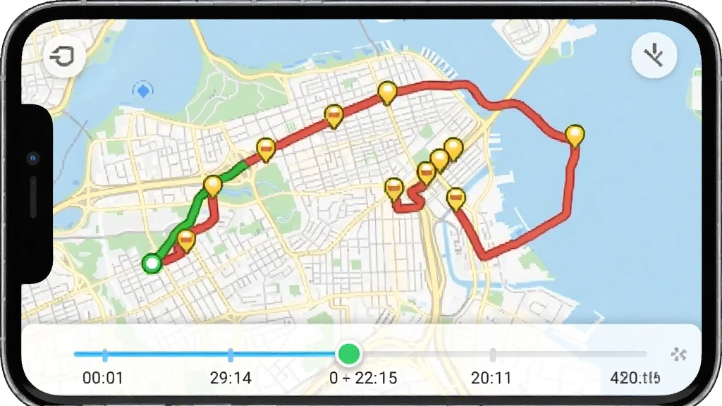 实时手机gps定位历史轨迹回放界面,手机屏幕显示一张城市地图,地图上有一条从绿色起点到红色终点的弯曲路线,路线中间有几个黄色小圆点标记停留位置,地图下方有一个时间轴滑块可以选择日期,界面整体为浅色主题,路线线条清晰醒目,画质干净,无多余装饰元素