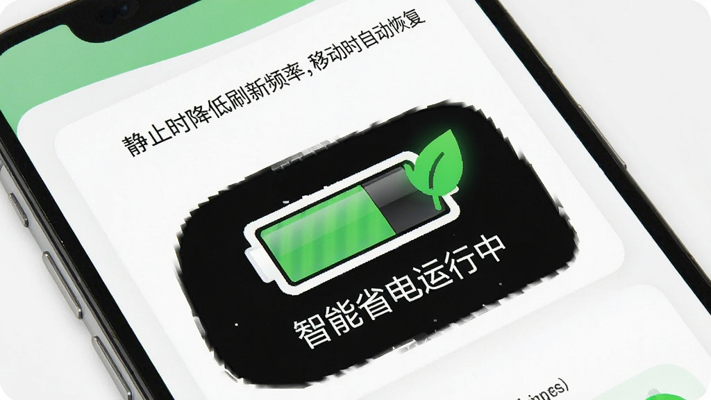 实时手机gps定位省电模式示意图,手机屏幕显示电池图标旁边有一个绿色叶子标志,下方有文字“智能省电运行中”,背景是简洁的白色面板,上面有几行小字说明“静止时降低刷新频率,移动时自动恢复”,整体风格清爽,以白色和绿色为主,画质干净无多余元素