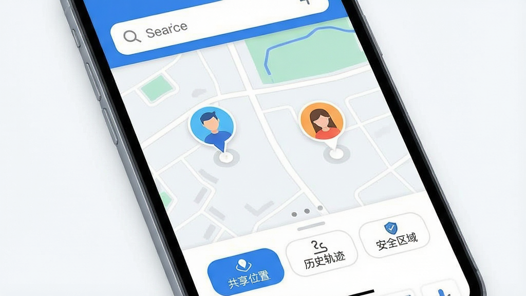 实时手机gps定位软件主界面展示,画面中央是一部智能手机,屏幕上显示着简洁的地图界面,地图上有两个彩色头像标记代表用户和好友的位置,顶部有搜索栏,底部有三个清晰的功能按钮分别是“共享位置”“历史轨迹”“安全区域”,整体风格现代扁平,蓝白色调为主,背景干净无杂乱元素,画质清晰明亮