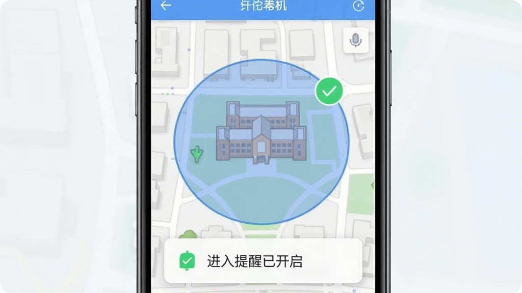 实时手机gps定位安全区域设置界面,手机屏幕显示地图上有一个半透明的蓝色圆形区域覆盖在某学校建筑上方,圆圈边缘有一个绿色对勾表示已启用,屏幕下方弹出一个小窗口显示“进入提醒已开启”,整体界面布局清晰,色彩柔和,以蓝白绿为主,画质干净无多余元素