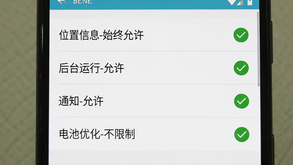 实时手机gps定位权限设置操作指引图,手机屏幕显示设置界面,从上到下依次排列着“位置信息-始终允许”“后台运行-允许”“通知-允许”“电池优化-不限制”四个选项,每个选项旁边都有绿色勾选标记,界面风格为安卓原生设置风格,白色背景,文字清晰,画质干净无多余元素