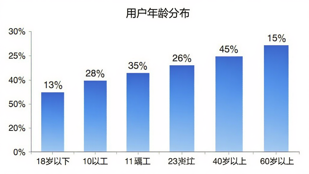 实时手机gps定位用户年龄分布柱状图,横轴为年龄段从18岁以下到60岁以上共六个区间,纵轴为用户占比百分比,柱子颜色为渐变蓝色,每个柱子上方标注具体百分比数值,图表标题为“用户年龄分布”,整体风格简洁商务,白色背景,画质干净无多余元素