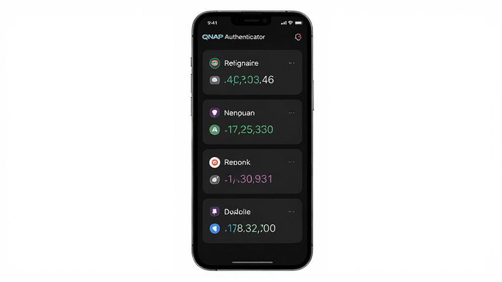 QNAP Authenticator ���˻���������չʾ���ֻ���Ļ�д�ֱ���ж���˻���Ƭ��ÿ�ſ�Ƭ��ʾ�˻����ƺͶ�̬��֤�룬���������ɫģʽ������Ϊ��Һ�ɫ�����ֺ�������������������Լ�ִ������ʸɾ����޶���Ԫ��