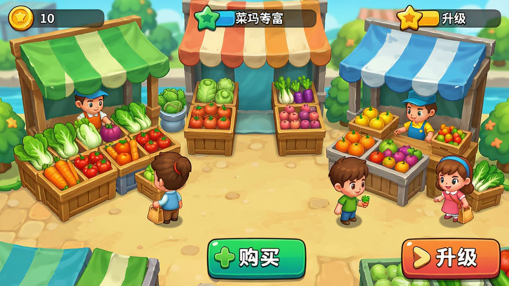 菜市场首富 游戏主界面截图 展示热闹的菜市场摊位场景 有各种新鲜的蔬菜水果摊贩和顾客 画面色彩鲜艳明亮 卡通风格 布局清晰 顶部显示金币和等级 底部有购买和升级按钮 画质干净无多余元素