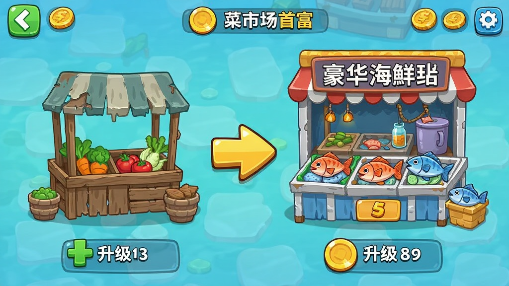 菜市场首富 游戏内摊位升级界面截图 展示从简陋蔬菜摊升级为豪华海鲜摊的过程 画面中有金币和升级箭头 卡通风格 色彩丰富 布局清晰 画质干净无多余元素