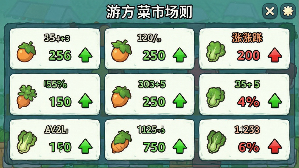 菜市场首富 游戏内市场行情界面截图 展示各种蔬菜的价格涨跌箭头 绿色表示低价 红色表示高价 画面清晰 卡通风格 布局合理 画质干净无多余元素