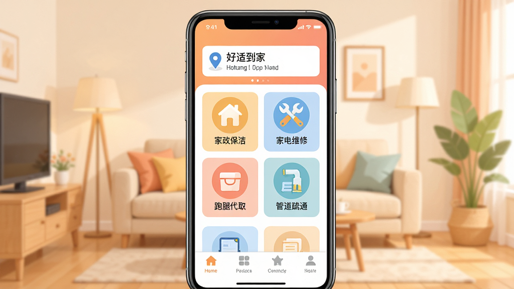 ���ʵ���APP������չʾ�������������ֻ���Ļ����Ļ����ʾ���ʵ���Ӧ����ҳ��������λ��ʾ��ǰ���У��м��м������ࡢ�ҵ�ά�ޡ����ȴ�ȡ���ܵ���ͨ��ͼ�꣬�ײ���������������������ܰ�ļ�ͥ����������������Ϊ�ִ���ƽ����ƣ�ɫ��������ͣ����ʸɾ��������޶���Ԫ��