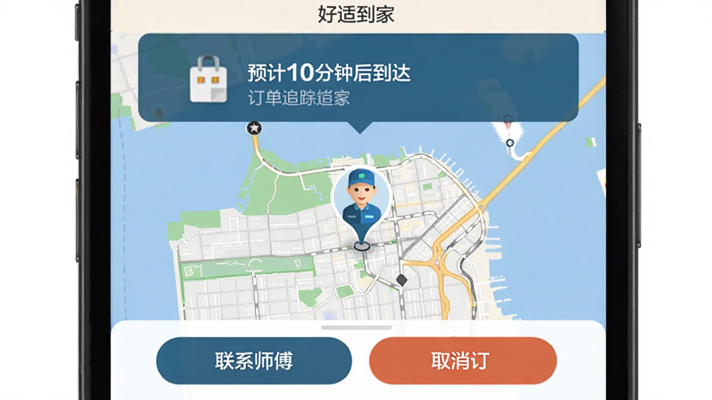 ���ʵ��Ҷ���׷�ٵ�ͼ���棬�ֻ���Ļ��ʾ��ͼ����һ���ƶ��еķ�����Աͼ�꣬�Ϸ���ʾԤ��10���Ӻ󵽴�·�����ϵʦ����ȡ��������ť����ͼϸ�����������ʵ��ҽ�����ͳһ�����ʸɾ�������