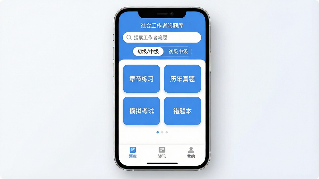 һ���ֻ���Ļչʾ����Ṥ��������⡱App�����棬���涥����ʾ������͡�����/�м����л���ǩ���м����½���ϰ���������⡢ģ�⿼�ԡ����Ȿ�ĸ���ť���ײ�Ϊ��⡢��Ѷ���ҵ�����ѡ������岼�ּ�࣬������ɫ����ƽ����ƣ������ˬ��ϸ��Բ�󣬻��ʸɾ����޶���Ԫ�أ��ֻ���Χ����͹�Ӱ��