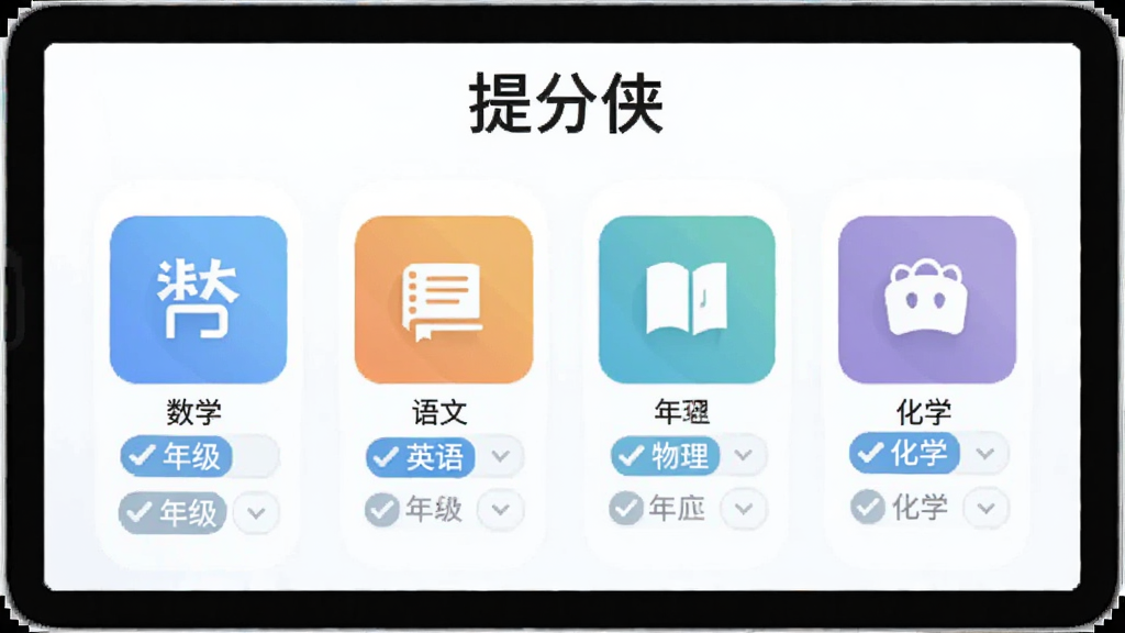��������Ŀѡ����棬��Ļ����ʾ��ѧ�����ġ�Ӣ���������ѧ�ȿ�Ŀͼ�꣬ÿ����Ŀ�·����꼶ѡ���ǩ�����沼�����룬���֡���������ڶ�����������£�������Ԫ��