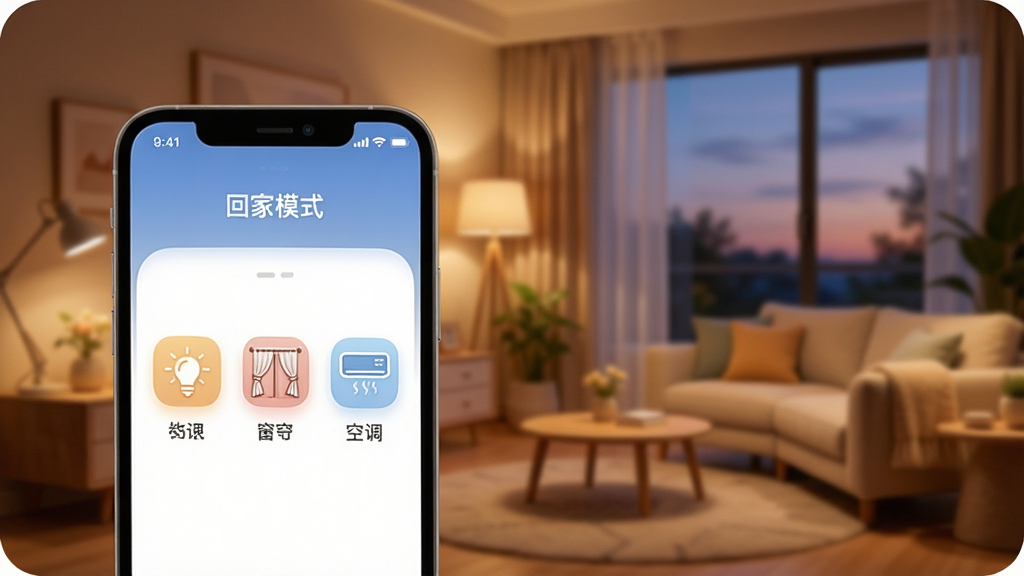 һ��չʾTiny Smart���ܳ����������ܵ�ͼƬ���������ֻ���Ļ����ʾ�š��ؼ�ģʽ���ĳ������ý��棬�еƹ⡢�������յ���ͼ���������У������ǰ�����ܰ�ļҾӻ����������������򣬷����ů�ִ���ϸ��Բ�󣬻��ʸɾ��޶���Ԫ��