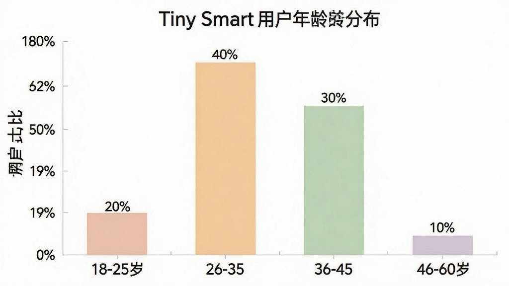 һ��չʾTiny Smart�û�����ֲ�����״ͼ�������������18-25�ꡢ26-35�ꡢ36-45�ꡢ46-60�꣬�������û�ռ�Ȱٷֱȣ����Ӹ߶���ʾ26-35��ռ�����Լ40%��36-45��Լ30%��18-25��Լ20%��46-60��Լ10%�����������������������ɫ��ͣ�ϸ�ڸɾ������������޶���Ԫ��