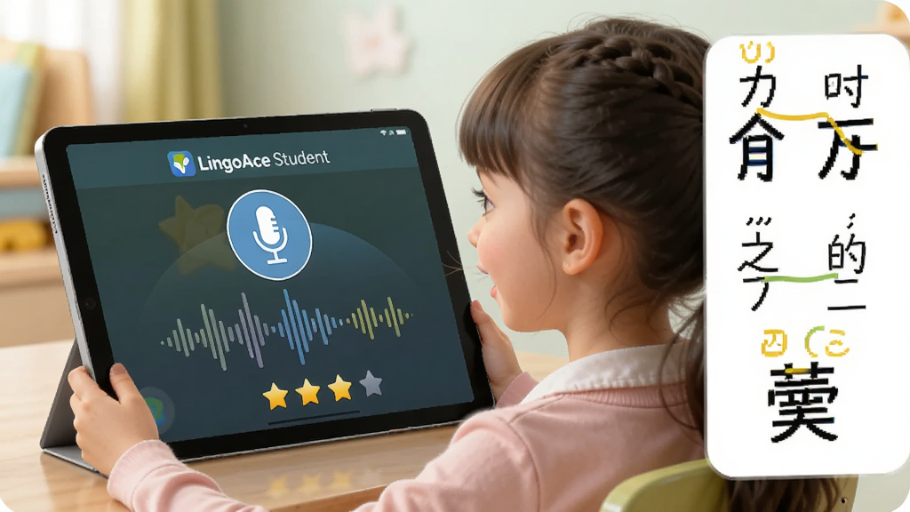 һ��չʾLingoAce Student��������������ֹ��ܵ�AI��ͼ������������һ��СŮ������ƽ����Զ����֣���Ļ����ʾ��LingoAce Student������ʶ����棬����˷�ͼ�ꡢ�������κͷ������ǣ������Ҳ���ƴ����������ʾ��ͼ���������������ã����ʸɾ��������޶���Ԫ��