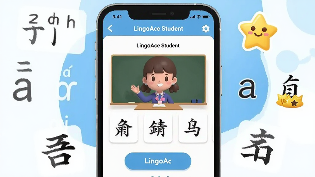 һ��չʾLingoAce Student����ȫò��ͼƬ������������һ�������ֻ�����Ļ����ʾLingoAce Student�����Ŀ��ý��棬�п�ͨ��ʦ���󡢺��ֿ�Ƭ�ͻ�����ť���ֻ���Χ������ƴ����ĸ�����ֱʻ������ǽ���ͼ�꣬������������ǳ��ɫ�Ͱ�ɫ����������ÿɰ����ʺ϶�ͯ�������������ʸɾ��������޶���Ԫ��
