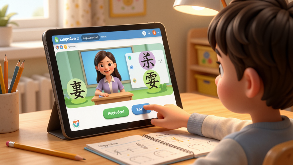һ��չʾLingoAce Student����ʽ�������õ�AI��ͼ��������һ��С������������ǰ����ǰƽ�������Ļ����ʾ��LingoAce Student�����߿��ý��棬��Ļ����������ʦ�Ϳ�ͨ���ֶ�����С�������ڵ����Ļ�ϵĻ�����ť����������Ǧ�ʺ���ϰ�������������ů�������ܰдʵ�����ʸɾ��������޶���Ԫ��