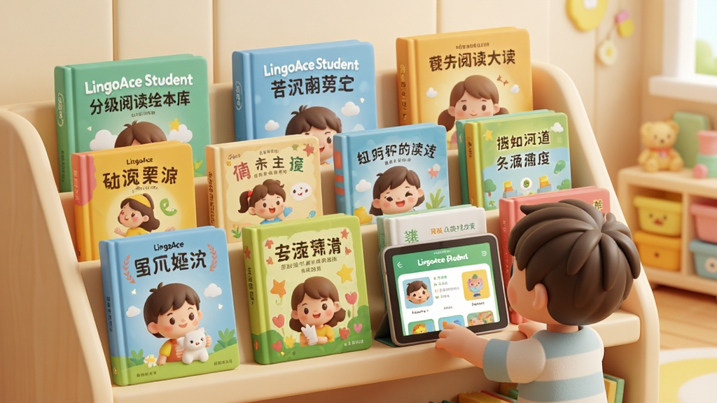 һ��չʾLingoAce Student�ּ��Ķ��汾���AI��ͼ��������һ��������ܣ�����������Ų�ͬ��ɫ�Ķ�ͯ�汾��ÿ����������к��ֺͿ�ͨ��ͼ�����ǰ��һ��С����������ѡ�汾���Ա���ƽ�������ʾLingoAce Student���Ķ����棬��������ů�Ķ�ͯ�������ͨ�ɰ������ʸɾ��������޶���Ԫ��