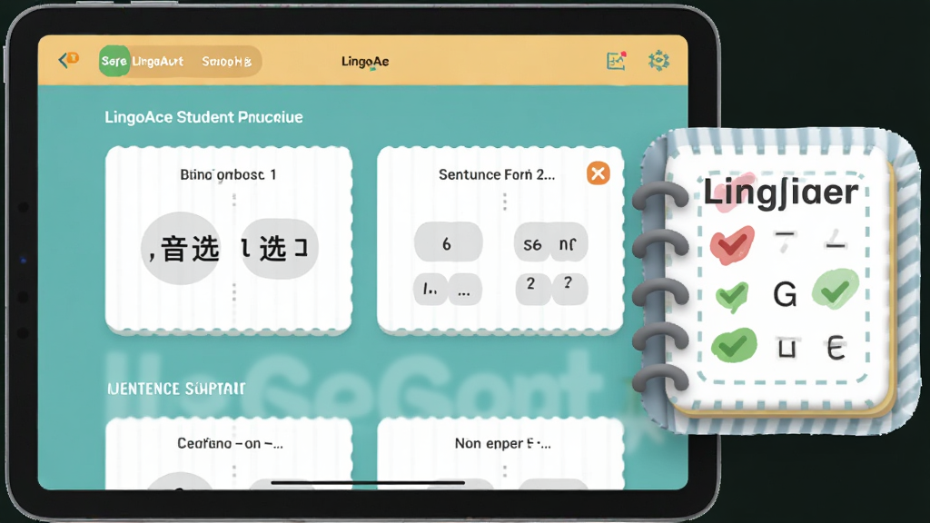 һ��չʾLingoAce Student�κ���ϰ����Ȿ���ܵ�AI��ͼ��������һ��ƽ�������Ļ����ʾ��LingoAce Student����ϰ���棬������ѡ�ֺ;����������Ŀ��Ƭ����Ļ�Ա���һ������Ĵ��Ȿͼ�꣬�����ע�ź�ɫ����ɫ�ı�ǣ������������죬���ʸɾ��������޶���Ԫ��