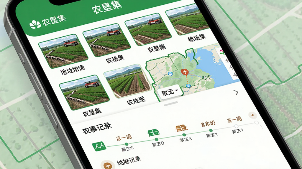 ũ�Ѽ�App�ĵؿ�������棬����Ϊ�ֻ���Ļ��д����Ļ����ʾũ�Ѽ��ĵؿ��б����ͼ�ֲ�������Ϊ�ϰ벿��չʾ�ؿ�����ͼ�����ƣ��°벿��Ϊũ�¼�¼ʱ���ᣬ�Ű���������Ϊ���ʵ��ũҵ�磬ϸ�ڰ�����ɫ�ĵؿ�߽��ߡ������ġ�ũ�Ѽ���Logo��ũ�¼�¼ͼ�꣬���ʸɾ����޶���Ԫ��