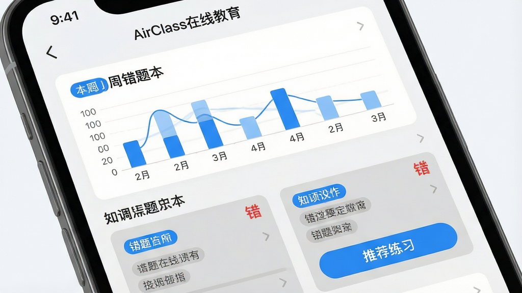 һ��չʾAirClass���߽���AI���Ȿ���ܵĽ����ͼ���ͼ������Ϊ�ֻ���Ļ��д����Ļ����ʾ���Ȿ�б���֪ʶ���ǩ������Ϊ���½ṹ���Ϸ��Ǳ��ܴ���ͳ��ͼ�����·��Ǵ��⿨Ƭ���Ƽ���ϰ��ť���Ű����룬���Ϊ����ѧϰ�磬ϸ�ڰ�����ɫ������ǩ����ɫ�����ǡ���ɫ������Ƭ�����ʸ���ɾ��޶���Ԫ�أ���Ļ�Ϸ��С�AirClass���߽���������