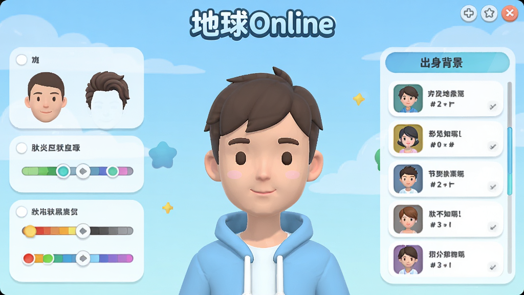 地球Online游戏内角色创建界面截图,画面中央是一个正在捏脸的角色模型,左侧是脸型、发型、肤色调调整轴,右侧是出身背景选择列表,顶部显示“地球Online”游戏Logo,布局清晰对称,风格为扁平化卡通风格,细节圆润,色彩明亮柔和,画质干净无多余元素