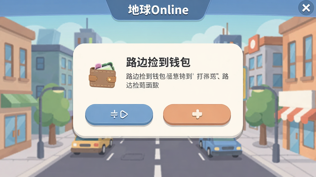 地球Online游戏内动态事件弹窗界面,画面中央是一个圆角矩形弹窗,弹窗内显示“路边捡到钱包”事件描述和两个选项按钮,背景是城市街道的扁平化插画,顶部有“地球Online”标题栏,布局简洁,风格为现代扁平化卡通风格,细节圆润,色彩柔和,画质干净无多余元素