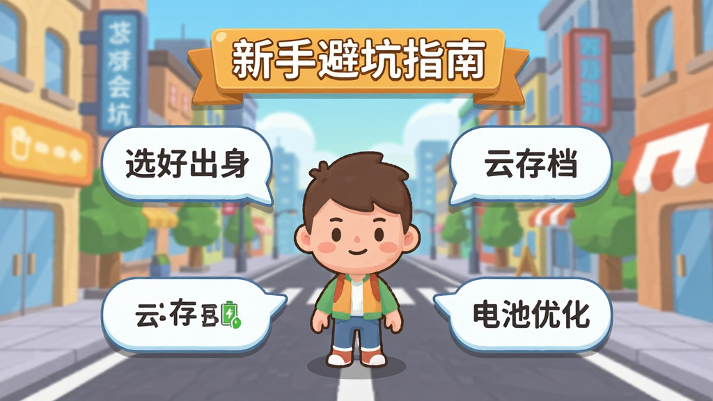 地球Online新手引导界面截图,画面中央是一个卡通人物站在城市街道上,头顶有“新手避坑指南”标题,周围环绕着几个提示气泡,分别写着“选好出身”“云存档”“电池优化”等字样,布局为环绕式排版,风格为扁平化卡通风格,细节圆润,色彩明亮,画质干净无多余元素