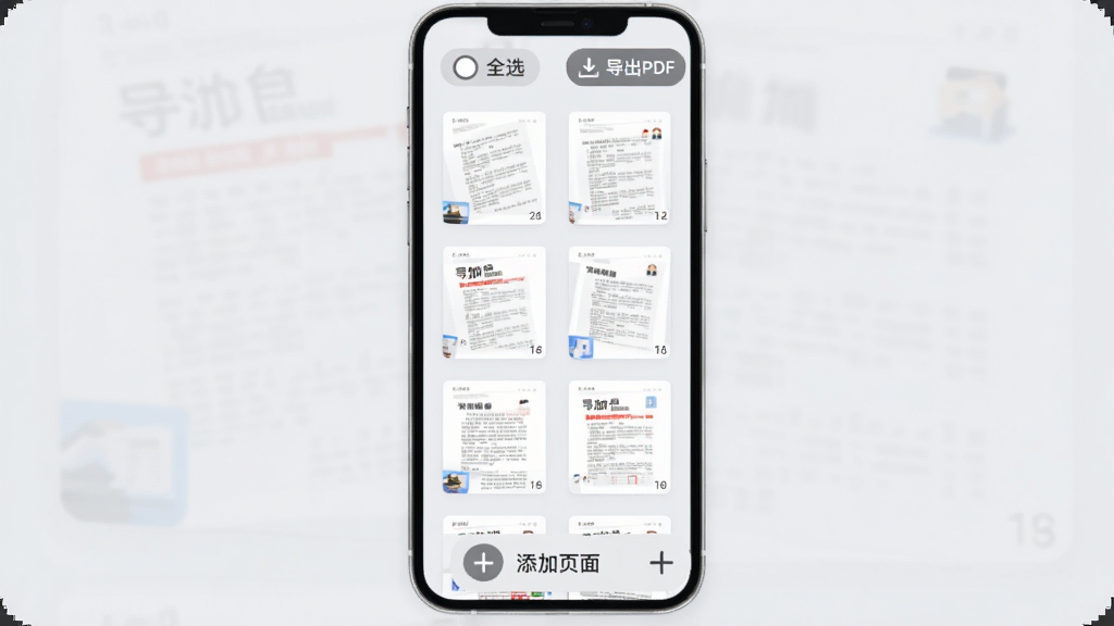 ���App����ɨ���б���壬�ֻ���Ļ����ʾ�Ŷ�ҳ�ĵ�������ͼ�������У�ÿҳ����ҳ���ע�������С�ȫѡ���͡�����PDF����ť���ײ��С�����ҳ�桱�ļӺ�ͼ�꣬���沼��������ͼ�����Բ�󣬱�����ǳ��ɫ������ִ���ƽ�����ʸɾ�