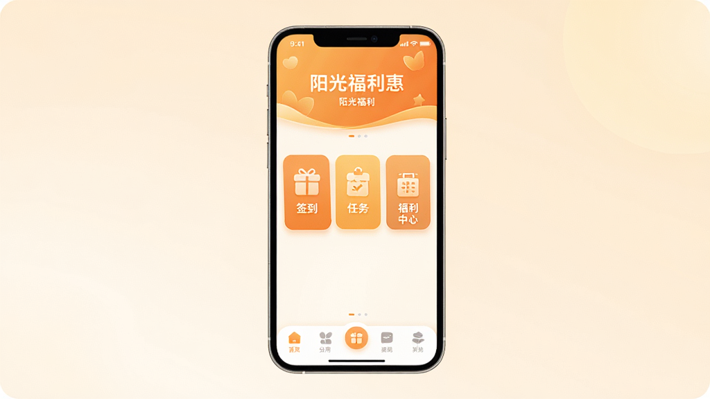 阳光福利汇 应用主界面全貌展示,画面中央是手机屏幕,屏幕内显示阳光福利汇首页,顶部有温暖的橙色渐变横幅,中间是签到、任务、福利中心三个大卡片按钮,底部导航栏清晰,图标圆润,背景是浅色渐变,整体风格温暖明亮,扁平化设计,画质干净无多余元素