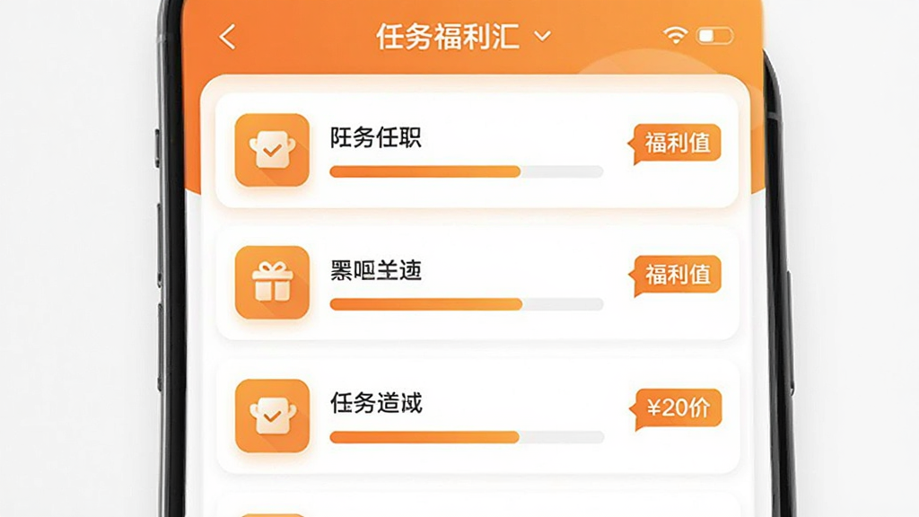 阳光福利汇 任务中心界面展示,手机屏幕内显示任务列表,每条任务左侧有图标,中间是任务名称和进度条,右侧是福利值标签,界面配色以暖橙色和白色为主,卡片式布局,文字清晰,风格简洁现代,画质干净无多余元素