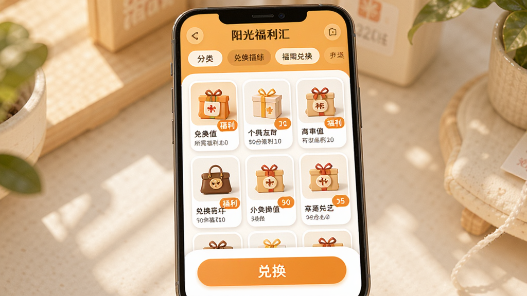 阳光福利汇 福利兑换页面展示,手机屏幕内显示兑换商品网格,每个商品有缩略图和所需福利值标签,顶部有分类筛选栏,底部有兑换按钮,配色温暖,卡片圆角设计,风格亲切,画质干净无多余元素