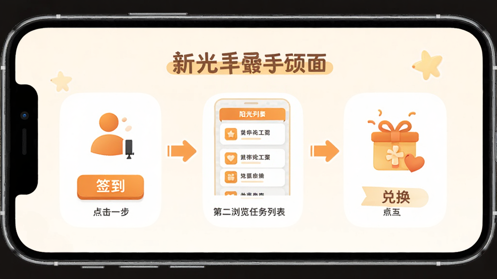 阳光福利汇 新手引导页面展示,手机屏幕内显示三步操作图示,第一步点击签到按钮,第二步浏览任务列表,第三步点击兑换,每步有箭头引导,配色温暖,图标简洁,风格友好,画质干净无多余元素