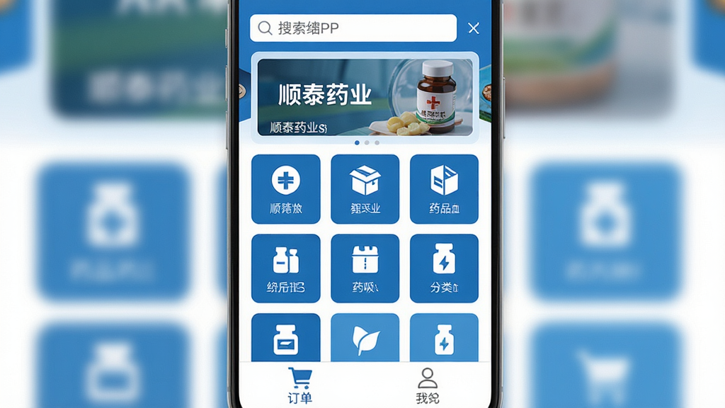 һ���ֻ�Ӧ�ý����ͼ�����������ǡ�˳̩ҩҵ��APP����ҳ����������������ֲ�ͼ���м���ҩƷ����ͼ�����񣬵ײ��ж������ҵ�����ѡ���������������ɫΪ�������ɾ���ˬ�������������޶���Ԫ��