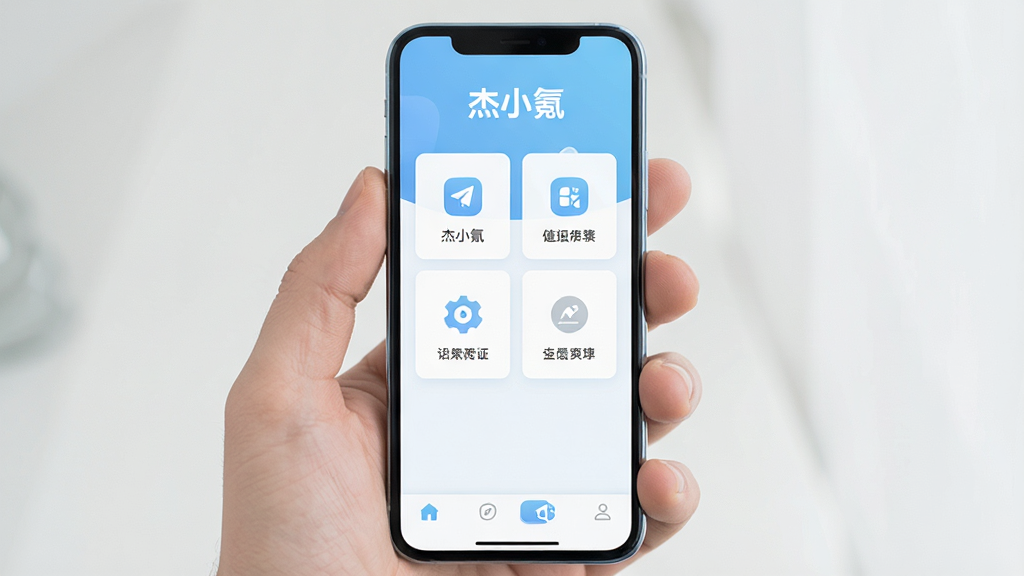 一张展示手机屏幕的图片,屏幕中央是“杰小氪”APP的首页界面,界面设计简洁清爽,以浅蓝色和白色为主色调,顶部有“杰小氪”文字logo,中间是几个功能卡片图标排列整齐,底部是导航栏,整体风格现代扁平化,画质清晰,光线明亮,干净无多余元素