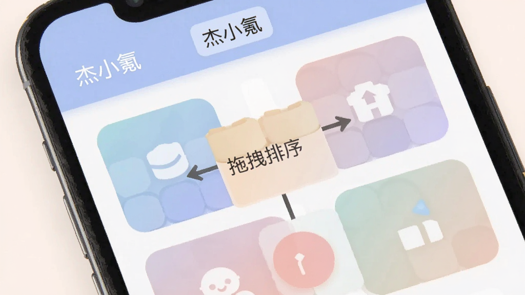 一张展示手机屏幕的图片,屏幕上是“杰小氪”APP的自定义面板设置界面,可以看到几个功能模块像积木一样被拖拽排列,界面有“拖拽排序”的文字提示,风格是扁平化设计,配色柔和,画质清晰干净