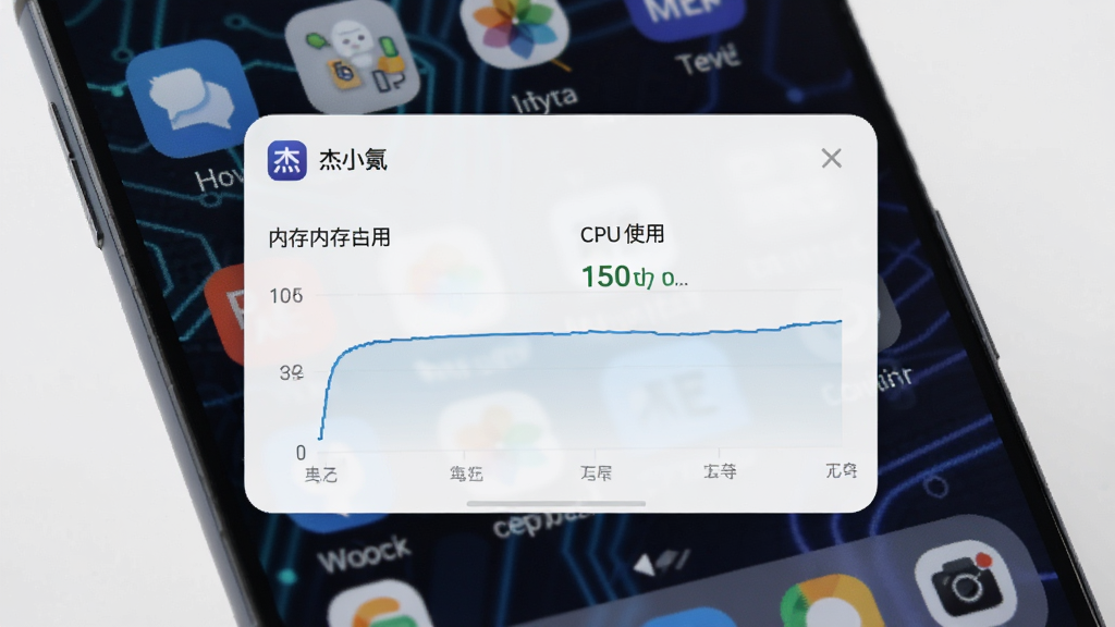 一张展示手机性能监控悬浮窗的图片,悬浮窗显示“杰小氪”APP运行时的内存占用和CPU使用率曲线,曲线平稳且数值较低,背景是手机桌面,有科技感但画面简洁,画质清晰无多余元素