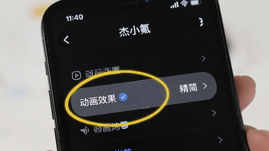 一张展示手机屏幕的图片,屏幕上是“杰小氪”APP的设置界面,其中“动画效果”选项被高亮圈出,旁边有“精简”字样,界面风格简洁,画质清晰,用于指导用户进行优化设置