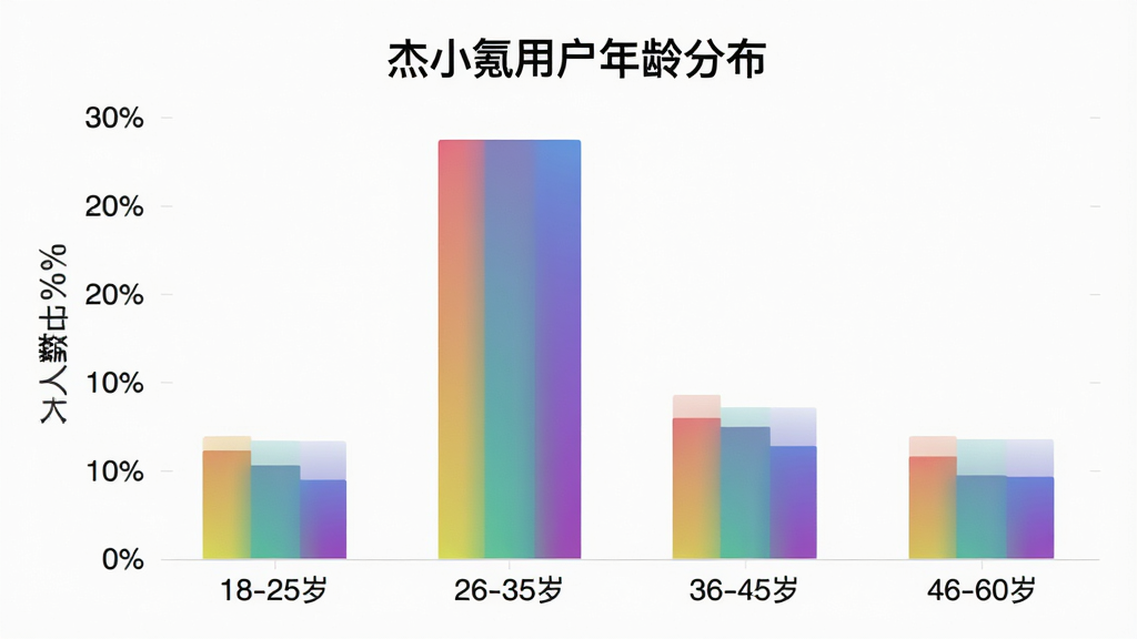 一张柱状图图片,图表标题为“杰小氪用户年龄分布”,横轴是年龄段“18-25岁、26-35岁、36-45岁、46-60岁”,纵轴是人数占比百分比,柱状图颜色为渐变色,数据清晰显示26-35岁占比最高,图表风格简洁现代,画质干净