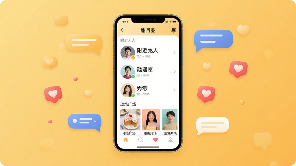 һ��չʾ����ȦApp���Ľ����ȫ��ͼ�������������ֻ���Ļ����Ļ����ʾ����Ȧ�����棬������������ͷ���б��Ͷ�̬�㳡��Ƭ����������ܰ��ů��ɫ���䣬��Χɢ�����������ݺ͵��ް���ͼ�꣬����ִ���ƽ��ϸ��Բ�󣬻��ʸɾ����޶���Ԫ��
