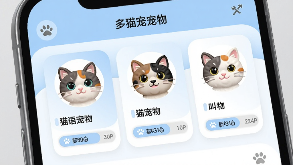 �ֻ���Ļ��ʾ��è�����Ķ�è�������棬����ֻ��ͬ��ɫè���ͷ��Ƭ�������У�ÿ�ſ�Ƭ�·��н�����¼������������ǳ��ɫ�Ͱ�ɫΪ��������ƽ����ƣ�ϸ��Բ�󣬻��������ɾ�