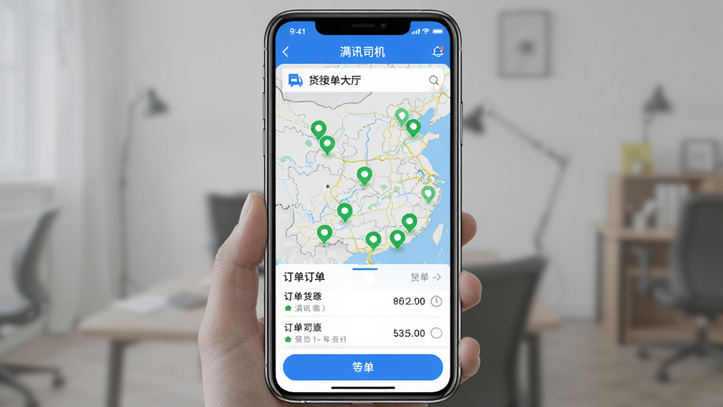 һ��չʾ��Ѷ˾��APP���Ľ�����ֻ�����ͼ�������������ֻ���Ļ����Ļ����ʾ��Ѷ˾�����˽ӵ���������ͼ�ϱ�ע�Ŷ����ɫ��Դ�㣬�ײ��ж����б���������ť�����������ִ���������ɫΪ��������ɾ��������޶���Ԫ�أ����ʸ���
