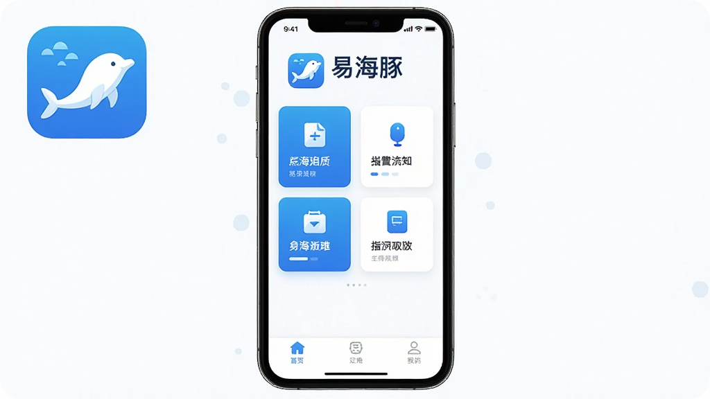 一张手机应用界面展示图,画面中央是“易海豚”App的图标和主界面,主界面布局简洁,顶部显示“易海豚”文字,中间是功能卡片式排列,底部有三个导航标签,整体以蓝白配色为主,风格现代扁平,画质干净清晰,无多余元素
