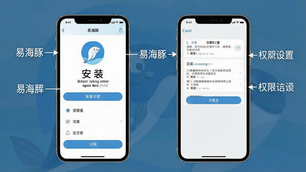 一张手机操作步骤示意图,画面中展示“易海豚”App的安装界面和权限设置界面,界面元素清晰标注,背景简洁,风格扁平化,画质干净无多余元素