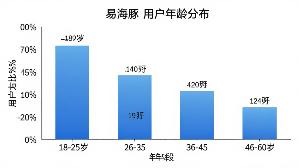 一张柱状图,展示“易海豚”用户年龄分布,横轴为年龄段18-25岁、26-35岁、36-45岁、46-60岁,纵轴为用户占比百分比,柱状图颜色为蓝色渐变,数据标注清晰,背景白色,风格简洁现代,画质干净